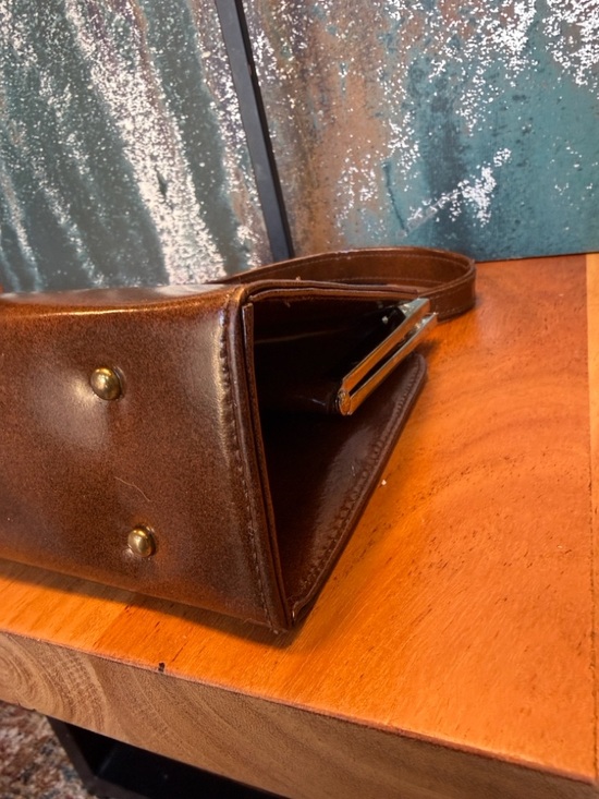 Vintage Mid Century Modern Brown Frame Bag Top Handle Leather Lined USA - Picture 9 of 16